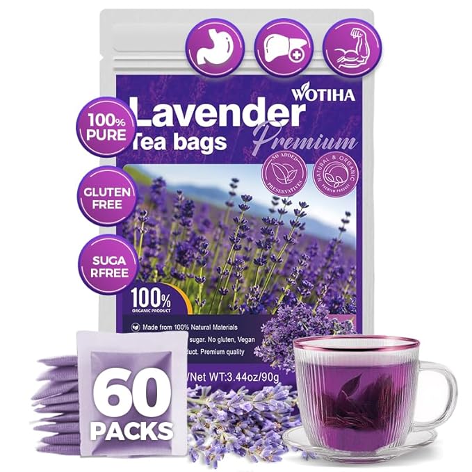 WOTIHA-Natural Lavender tea bags 90g. 60 Herbal Tea Bags.for Sleep & Wellness Relaxation Tea. Non-GMO • Additive-Free • Caffeine-Free