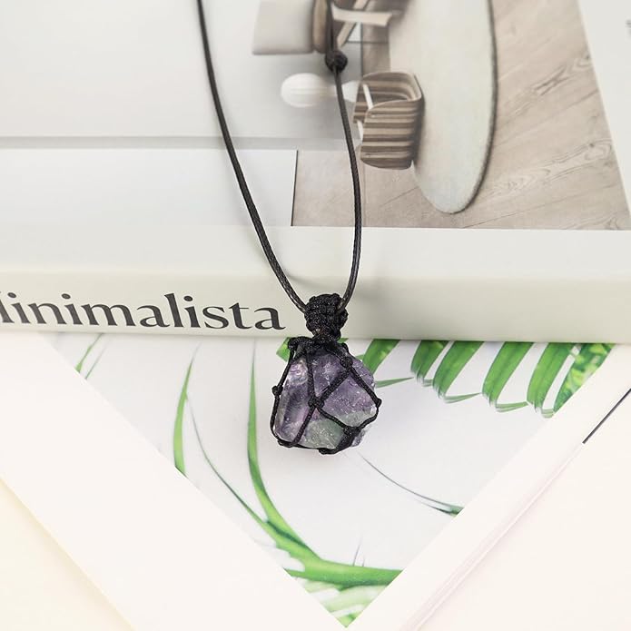 Handmade Natural Gemstone Crystal Pendant Necklace Stone Holder Necklace Cord Net Necklace with Adjustable Length for Women Men