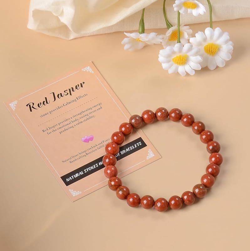 AD Beads Handmade Gemstone Stretch Elastic Bracelet Crystal Healing Reiki Nature's Beauty and Spiritual Essence Unisex (8mm, Red Jasper)