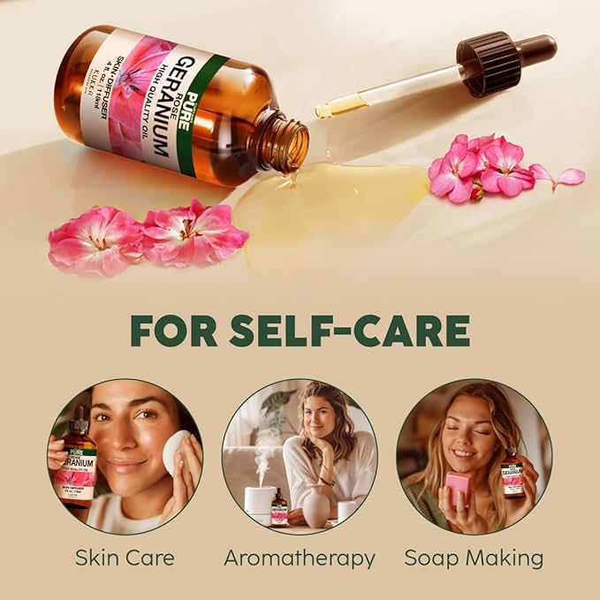 KUKKA Rose Geranium Essential Oils - 4 Fl Oz - for Hair, Skin, Diffuser, Aromatherapy & DIY Soap Making Scent