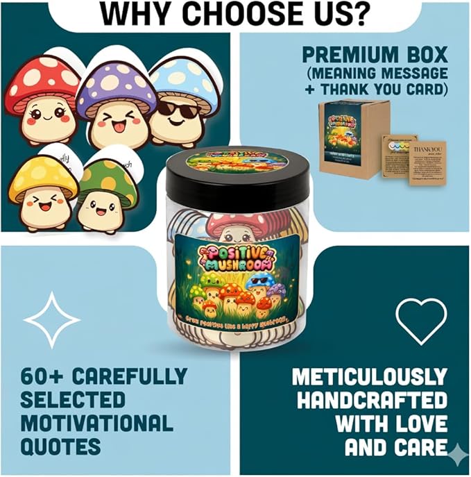 Positive Mushroom Jar With 60 Daily Affirmation Cards, Emotional Support Mushroom Gift, Mushroom Decor For Home, Positive Affirmations For Women, Cute Friend Gifts, Mushroom Office Decor