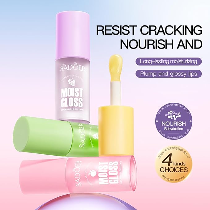 4 Pcs Hydrating Lip Gloss Set, Fruit Flavored Lip Oil Lip Glaze Cute Lip Jelly Transparent Lip Gloss, Glossy and Shiny Moisturizing Lip Makeup Gift