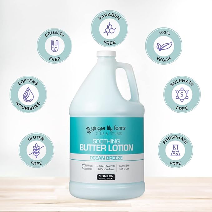 Ginger Lily Farms Club & Fitness Soothing Butter Lotion for Dry Skin, 100% Vegan & Cruelty-Free, Ocean Breeze Scent, 1 Gallon (128 fl oz) Refill