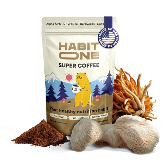 HabitONE Organic Instant Mushroom Coffee Arabica – Lion’s Mane, Cordyceps, Reishi, Chaga – Alpha-GPC & L-Tyrosine, B12 & B3 – Better Energy, Focus, Digestion & Immunity – Made in USA – 30 Servings