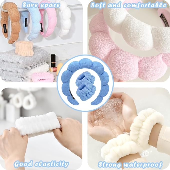 Spa Headbands for Washing Face Wristband Set Sponge Makeup Skincare Headband Wrist Towels Bubble Soft Terry Towel Cloth Hairband for Women Puffy Headwear Non Slip Thick Thin Hair Headwear (Dark blue)