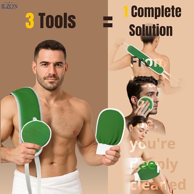 Original Moroccan Kessa Exfoliating Glove Set (ILZO’S) – 3-Piece Hammam Mitts for Face, Body & Back – Deep Skin Cleansing & Dead Skin Removal – Reusable Natural Exfoliator – Assorted Colors (GREEN)