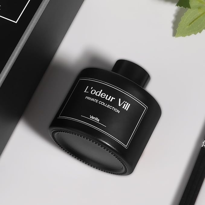 L'odeur Vill Reed Diffuser, 3.4oz(100ml) Vanilla Reed Diffuser Set with 6 Oil Diffuser Sticks, Matte Black Aroma Scent Diffuser, Long Lasting Home Fragrance for Bathroom Shelf Decor