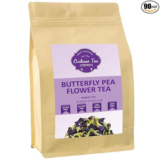 Ovikaso Tea, Butterfly Pea Flower Tea, 3.53 oz (300+ Cups), 100% Natural, Non-GMO, No Caffeine, Brew Hot or Iced tea, Baking, Cocktail, Herbal Tea