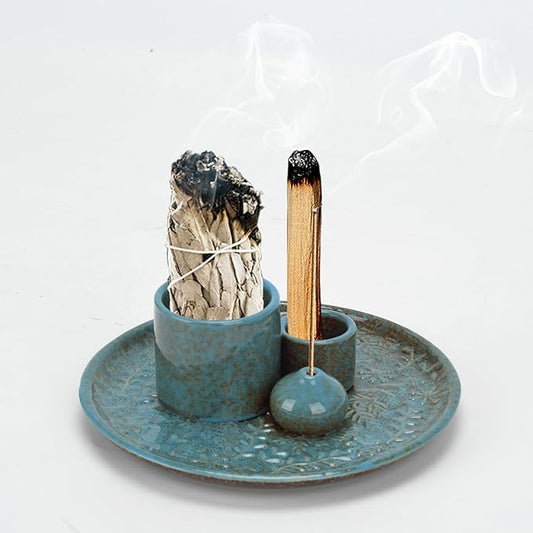 Ceramic Incense Holder Set with Decorative Tray, White, Intricate Pattern Design, 5.9x5.9x2 Inch, for Sticks, Cones, Palo Santo, Sage (Blue)