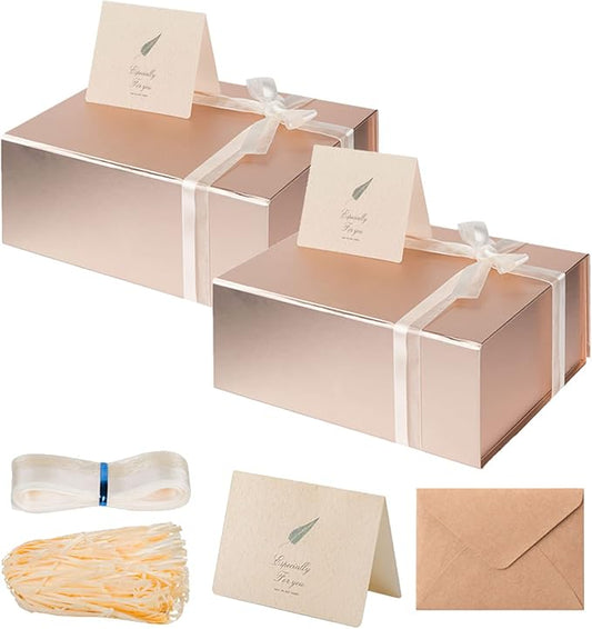 LIFELUM Large Gift Box 2 Pack 13.85 x 8.35 x 4.45 Rose Gold Gift Box with Magnetic Lid Bridesmaid Proposal Gift Boxes for Presents Contains Card, Ribbon, Shredded Paper Filler