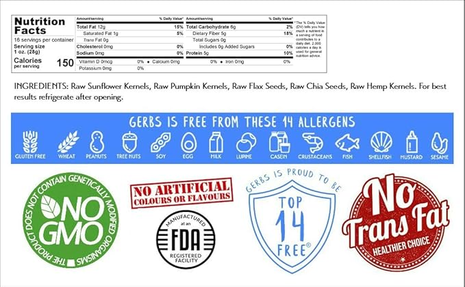 GERBS Super 5 Seed Snack Mix 1 LB. Premium Grade | Top 14 Food Allergy Free | Resealable Bulk Bag | Made in USA | Raw Pumpkin Sunflower Chia Hemp Flax Seed Trail Mix | Gluten Peanut Tree Nut Free