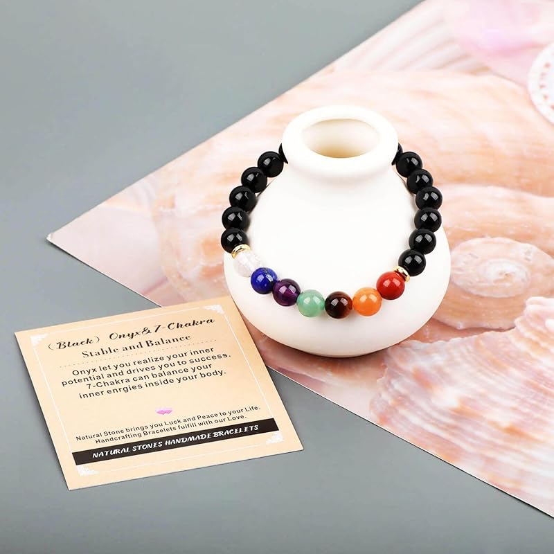 AD Beads Handmade Gemstone Stretch Elastic Bracelet Crystal Healing Reiki Nature's Beauty and Spiritual Essence Unisex (6mm, Onyx & 7-Chakra (Stable and Balance))