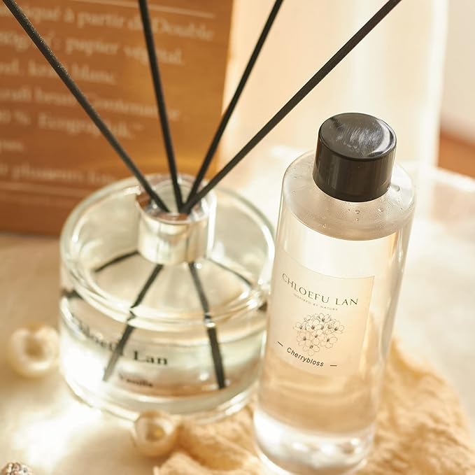 Chloefu LAN Cherry Blossoms Reéd Diffuser Refill 200ml/6.76 fl oz Natural Essential Scented Oil, Best for Aromatherapy, SPA and Home, 0% Alcohol