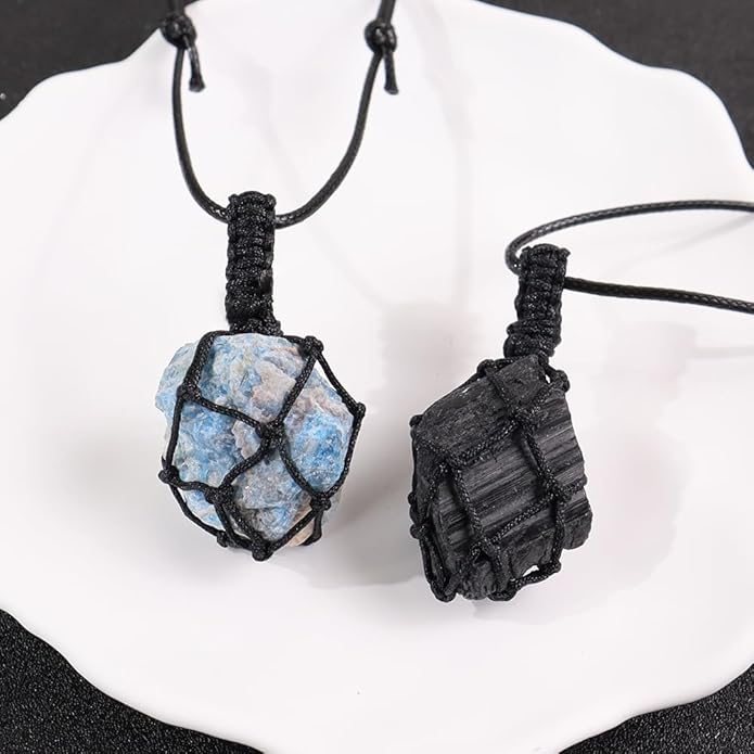 Handmade Natural Gemstone Crystal Pendant Necklace Stone Holder Necklace Cord Net Necklace with Adjustable Length for Women Men