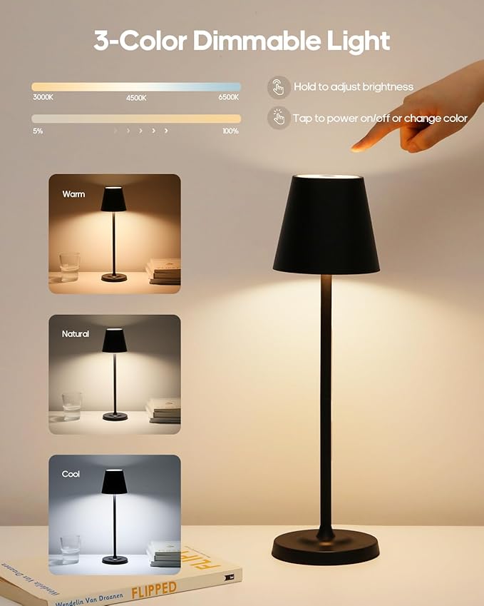 LED Cordless Table Lamp Rechargeable, 3-Height Adjustable, 5500mAh Battery Operated Lamp, 3-Color Dimming Touch Lamp, Portable Lamp for Dining, Bedroom,Camping, Outdoor, Indoor(Black 2 Pcs)