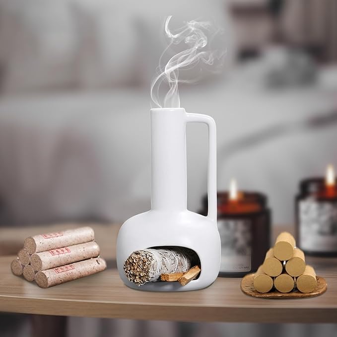 Simcat Handmade Ceramic Holder Incense Burner for Palo Santo Sticks Sage Bundles Candlestick, Suitable for Yoga Meditation Room Home Decor (White)