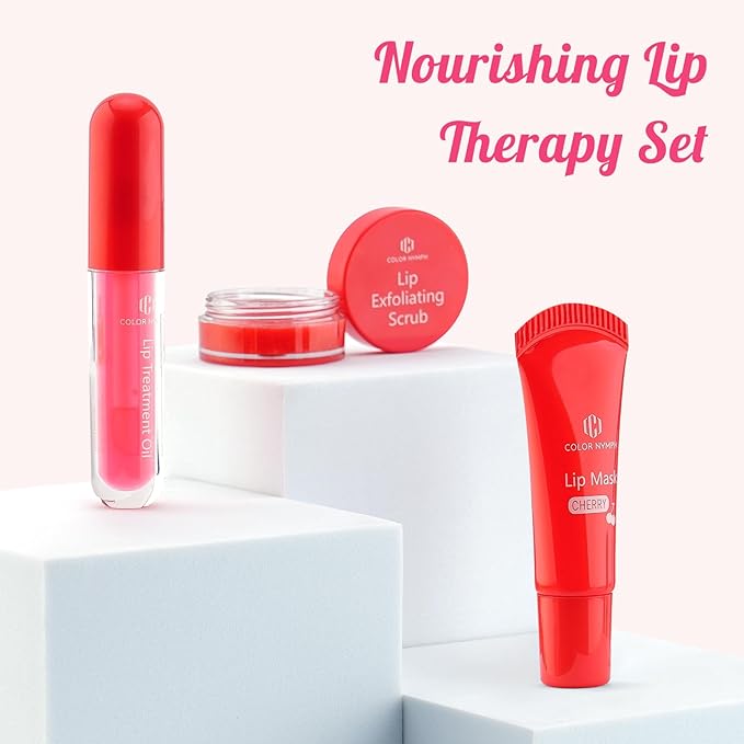 Color Nymph Lip Care Trio - Lip Scrub, Overnight Lip Mask & Lip Treatment Oil, Intense Hydration Lip Set for Dry Chapped Cracked Lips, Exfoliate & Moisturize - 3 Piece Gift Set - Cherry