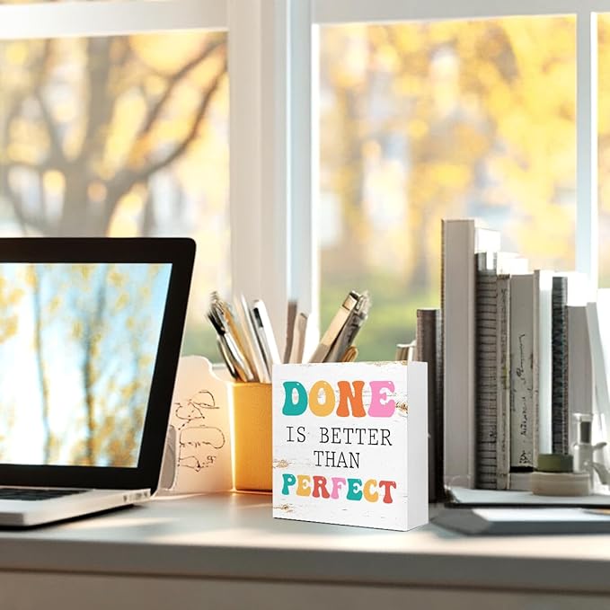 Inspirational Gift Small Office Decor, 5x5x1 INCH Anxiety Relief Cheer Up Wood Box Sign, Done Is Better Than Perfect Are Wooden Block Sign, Motivational Gift For Coworker Employee Friend