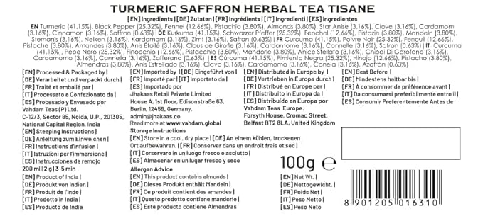 VAHDAM, Turmeric Saffron Herbal Tea Loose Leaf 100g (50 Cups, 3.5oz) Blend Of Turmeric Tea, Saffron Tea & Fresh Spices | Whole Loose-Leaf Tisane | Vacuum Sealed for Freshness