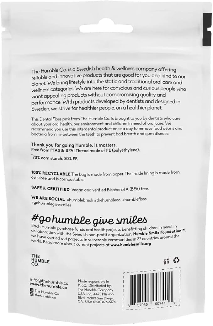 The Humble Co. Floss Picks (200 Count) – Plant Based Dental Floss Picks for Superior Oral Care, Dental Hygiene, and Gum Health, Cruelty Free Tooth Floss Picks (Charcoal, Single Thread)