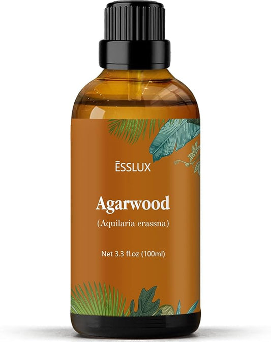 Agarwood Essential Oil 100 ml, ESSLUX Large Single Scented Oils 3.3 oz, Aromatherapy Oils for Diffuser, Massage, Soap, Candle Making, Perfume