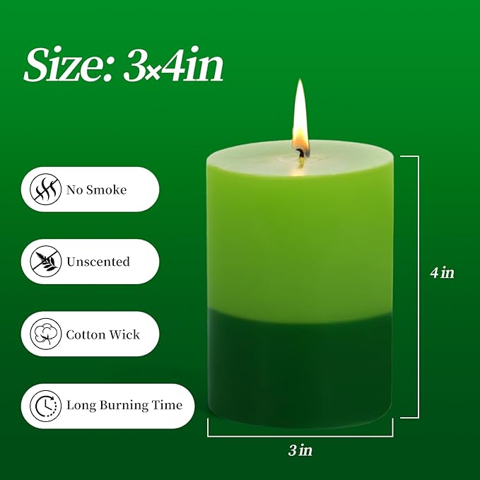 KONNI Green Layered Pillar Candles Set of 3, 3"x 4" Unscented Pillar Candles Bulk, 39 Hours Long Burning Candles, Smokeless&Dripless Large Round Candle for Wedding, Home Decoration, Parties, Dinner