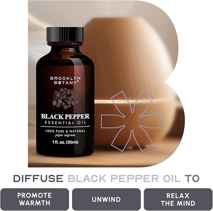 Brooklyn Botany Black Pepper Essential Oil - 100% Pure and Natural - Premium Grade Oil with Dropper - for Aromatherapy and Diffuser - 1 Fl Oz