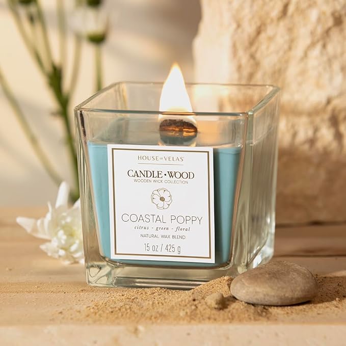 Candle Wood Collection, 15 oz, 1 Wooden Wick, Coastal Poppy, Square Glass Jar Candle