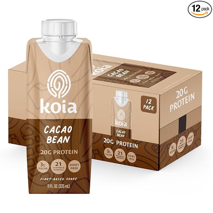 Koia Plant Based Protein Shake, Cacao Bean, 20g Protein, 3g Sugar, 6g Prebiotic Fiber, 21 Vitamins & Minerals, Meal Replacement Drinks, Dairy-Free, Gluten-Free, Non-GMO, 11 Fl Oz (Pack of 12)