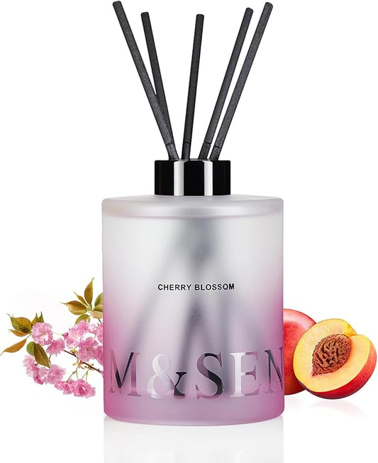 M&SENSE Cherry Blossom Reed Diffuser Set - 16.9 fl oz Long-Lasting Scent, Non-Toxic Natural Essential Oil Diffuser with Sticks, Home Fragrance Diffuser Gift for Office Bathroom Bedroom