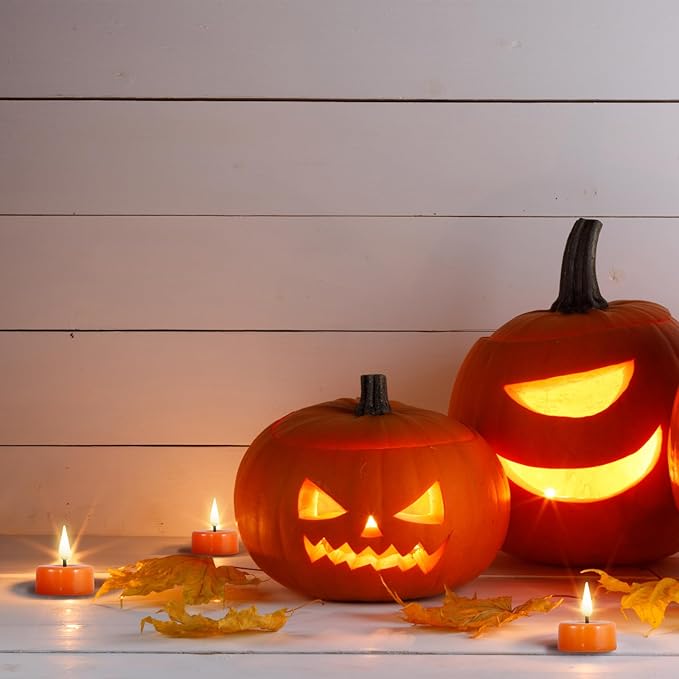 Eywamage Orange Flameless LED Tealights with Remote Batteries, Halloween Fall Battery Tea Votive Candles Real Wax Flickering Set of 10