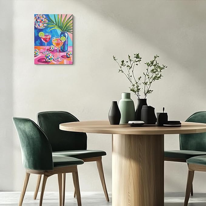 Disco Cocktail Print Wall Art, Retro Disco Ball Maximalist Canvas Framed Prints Modern Decorations, Funky Poster for Bar Cart Decor Living Room Entryway Bedroom Aesthetic