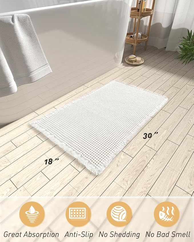 AMOAMI Upgraded Waffle Bath Mat, Super Absorbent Non Slip Bath Mats for Bathroom Floor, Machine Washable Boho Bathroom Rugs with Tassels, Rubber Backed Bathroom Mats, Ultra Soft, 18" x 30"