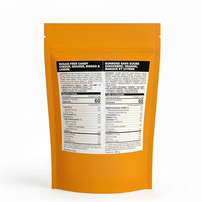 Andy Anand Chocolatier Sugar Free Ginger Candy - Gluten Free Made in Italy Hard Candy, Individually Wrapped Sweetened With Natural Stevia With Mango, Orange & Lemon Assorted Flavors ((55 Pcs, 7 Oz)