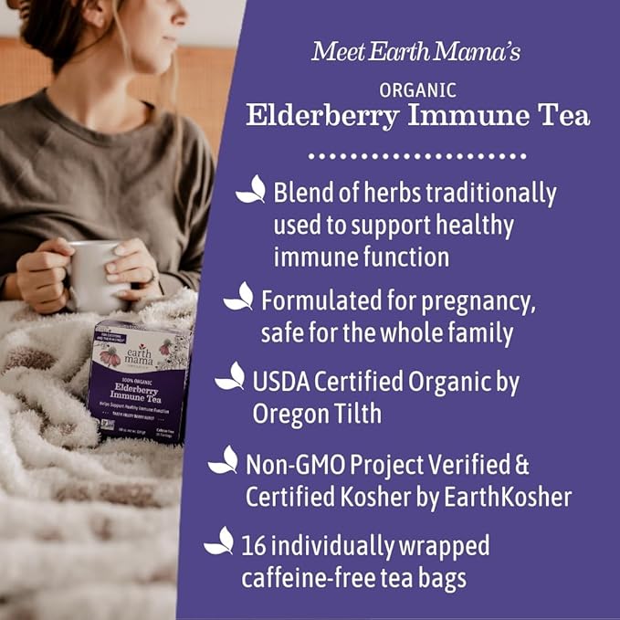 Earth Mama Organic Elderberry Immune Support Tea with Echinacea | Safe for Pregnancy, Breastfeeding, Postpartum, Kids and Family Essentials, Decaf Tea with Ginger & Rooibos (16-Count, 3-PK)