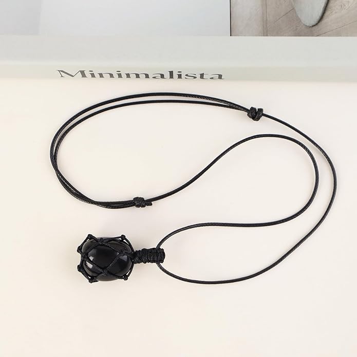 Handmade Natural Gemstone Crystal Pendant Necklace Stone Holder Necklace Cord Net Necklace with Adjustable Length for Women Men