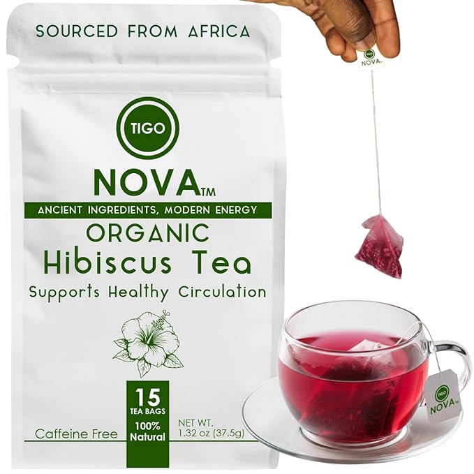 Premium Organic Hibiscus Tea Bags, 100% Natural and Organic Ingredients, Antioxidant Tea, Caffeine free | Authentic African Origin | Eco-conscious Teabags (15 count) , Supports Healthy Blood Pressure, Boosts Immune