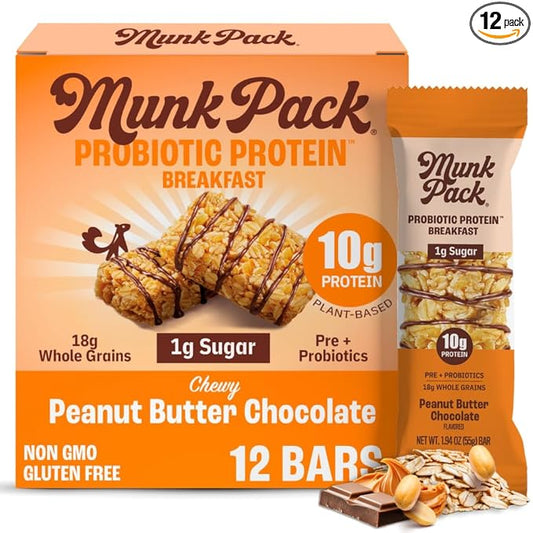 Munk Pack Probiotic Protein Breakfast Bars - 10g Plant Protein, 1g Sugar, 6g Fiber – For Adults & Kids, Low Sugar Snack, Gluten-Free, Diabetic-Friendly, Non-GMO, Peanut Butter - 12 Pack