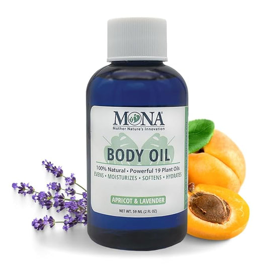 MONA Brands Natural Body Oil | Evens, Moisturizes, Soften, Hydrates | all skin types | with Antioxidants & Vitamins | Fast absorbing & lightweight | Anti-aging | Apricot & Lavender | 2.0 fl oz
