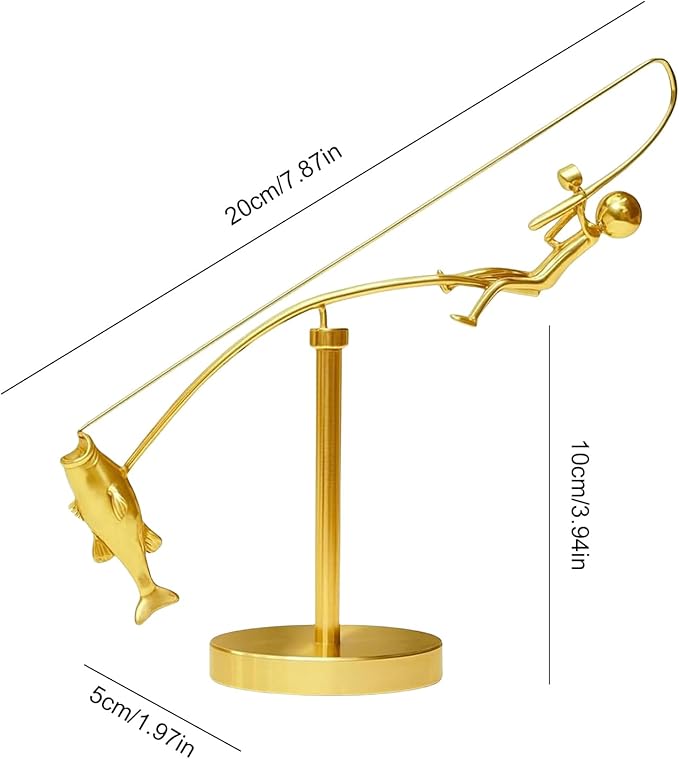 Kinetic Fishing Sculpture, Balance Art for Your Space, Metal Fishing Statue Home Office Desktop Ornament for Home Office Art Deco-D