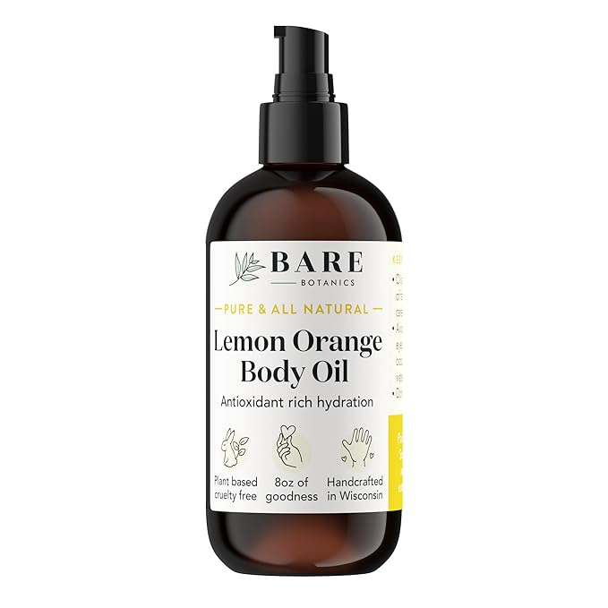 BARE BOTANICS 8 oz Moisturizing Lemon Orange Body Oil - 100% Pure & Natural for Skin & Nails - Perfect for Moisturization - Vegan, Cruelty Free & Naturally Scented Hair Oil