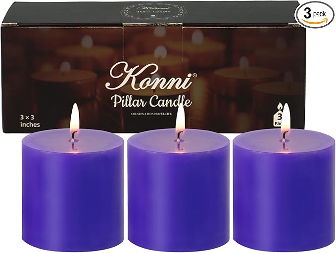 KONNI Violet Pillar Candles Set of 3, 3"x 3" Unscented Pillar Candles Bulk, 30 Hours Long Burning Candles, Smokeless and Dripless Large Round Candle for Wedding, Home Decoration, Parties, Spas, Dinner