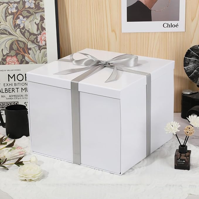 Large Gift Box with Lid 12.5x12.5x10 Inches, White Gift Boxes for presents Packaging for Birthdays, Valentine's Day, Christmas, Anniversaries (Include Shredded Paper Fill, Envelope Card Ribbon)