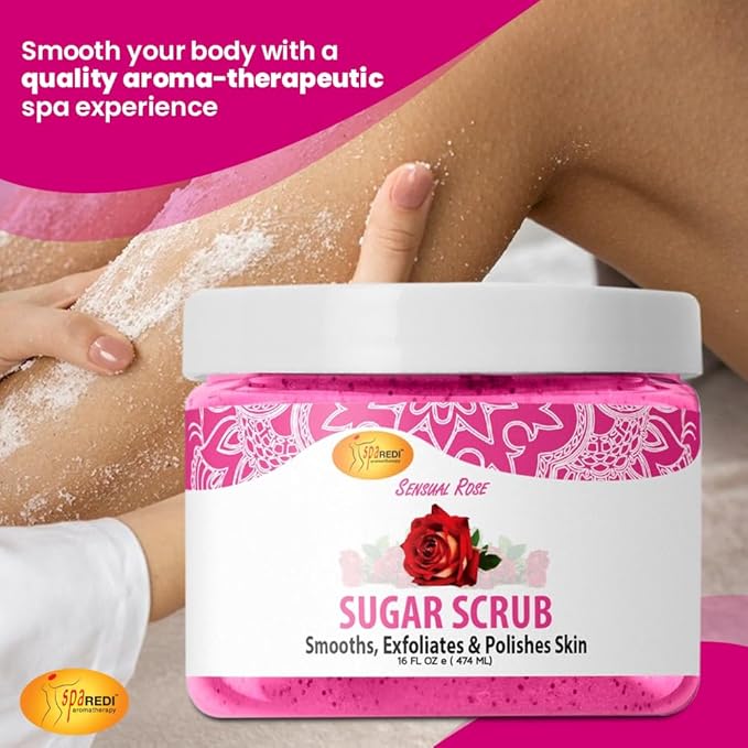 SPA REDI – Sugar Body Scrub, Sensual Rose, 16 Oz, Exfoliating, Moisturizing, Hydrating and Nourishing, Glow, Polish, Smooth and Fresh Skin - Body Exfoliator