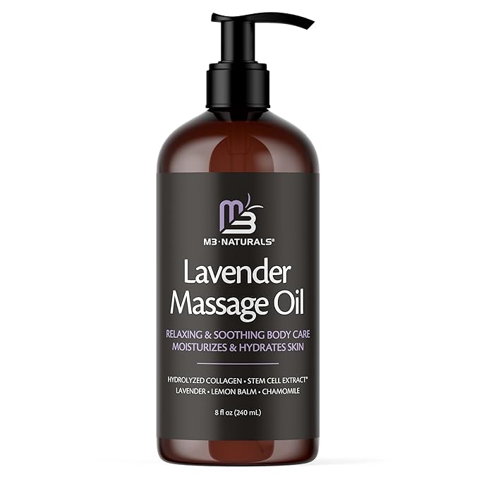 Lavender Sensual Massage Oil with Collagen and Stem Cells, Skin Tightening Therapy for Bum, Thighs, and Belly, Fast-Absorbing Cellulite Oil, 8 fl oz by M3 Naturals