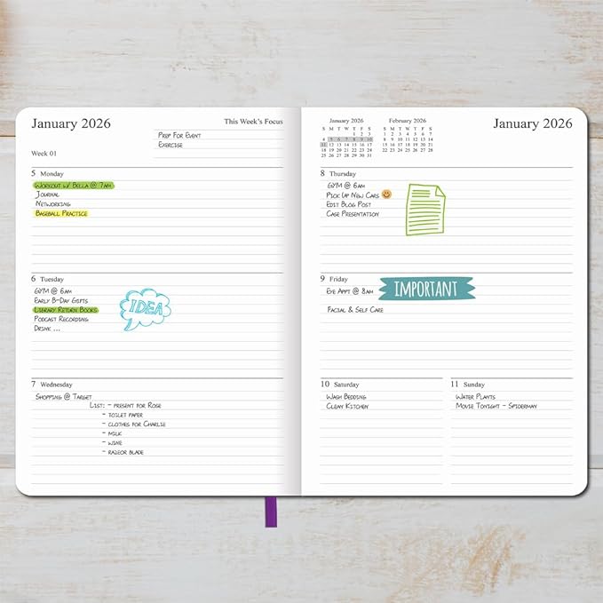 2025-2026 Planner - Weekly and Monthly Planner, Oct 2025 to Dec 2026, Vegan Leather Cover, Elastic Closure, 7”x9.25”, Purple