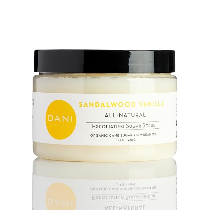 DANI Naturals Exfoliating Sugar Scrub - Warm Sandalwood Vanilla, featuring organic cane sugar and shea butter, gently exfoliates and deeply nourishes for smooth, radiant, and hydrated skin – 14 oz