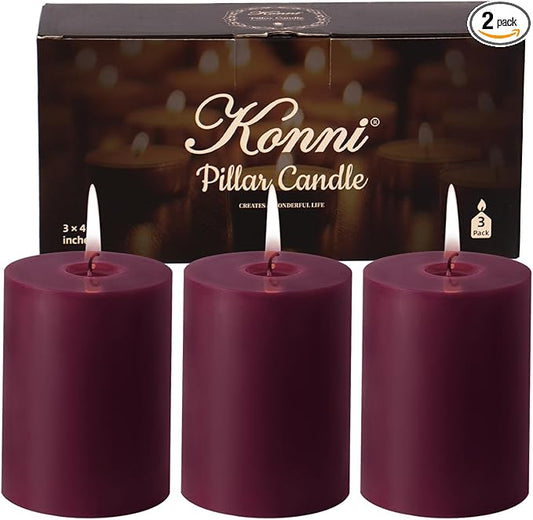 KONNI Purple Pillar Candles Set of 3, 3"x 4" Unscented Pillar Candles Bulk, 39 Hours Long Burning Candles, Smokeless&Dripless Large Round Candle for Wedding, Home Decoration, Parties, Spas, Dinner