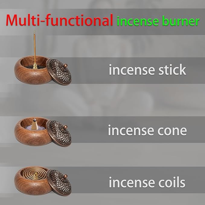 Acacia Wood Incense Burner for Cones & Coils, with Sticks Holder - 3-in-1, Zen Meditation Yoga Home Room Decor