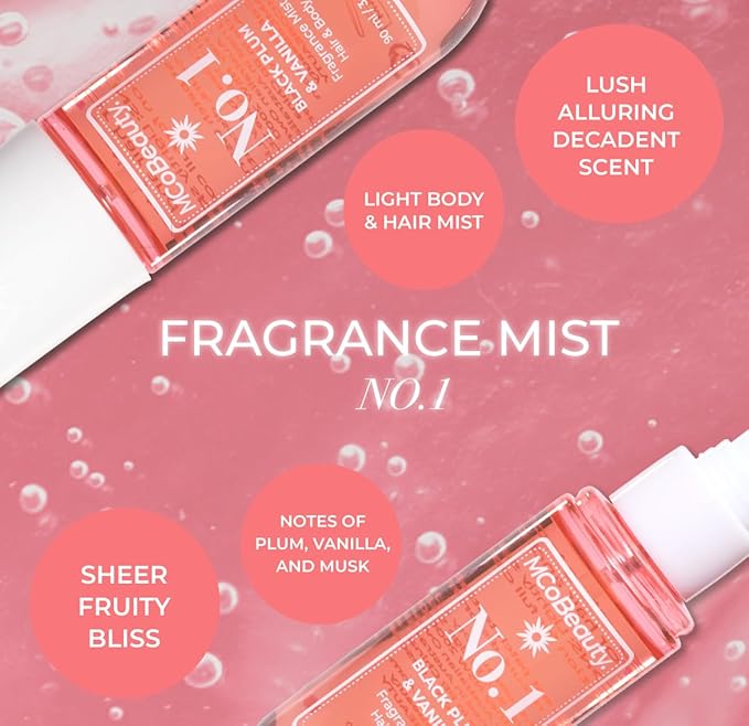 MCoBeauty - Fragrance Mist No.1 - Light Body and Hair Spray with Plum, Vanilla and Musk - Gifts for Women, Cute Stuff, Feminine Spray, Self Care Gifts for Women - 90ml Bottle